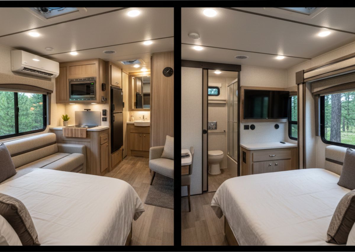 Interior de trailer de passeio com cozinha e cama