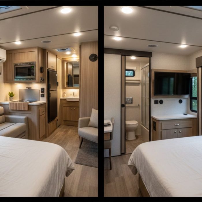 Interior de trailer de passeio com cozinha e cama